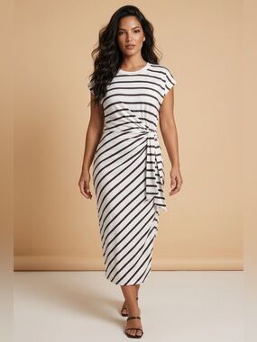 Striped White and Brown Knot-Waist Midi Dress